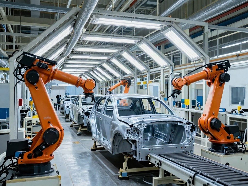Línea de ensamble automotriz con brazos robóticos de soldadura