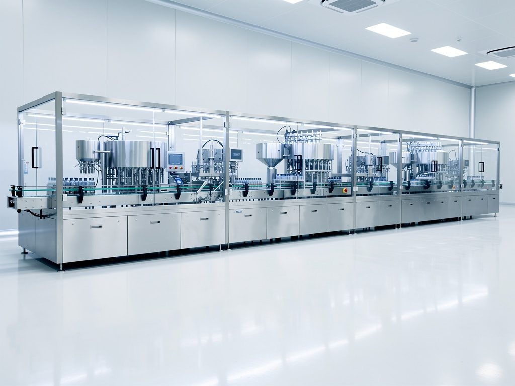 Cuarto limpio farmacéutico con maquinaria de acero inoxidable