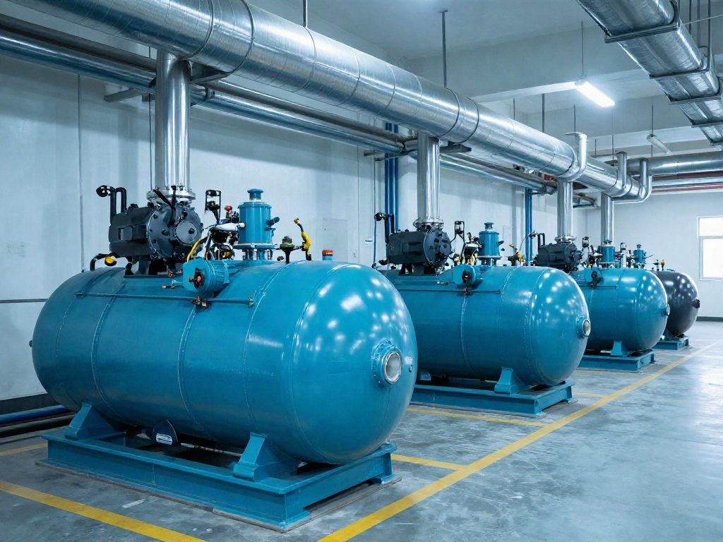 Sala de compresores de aire industrial con equipos instalados y tubería de distribución